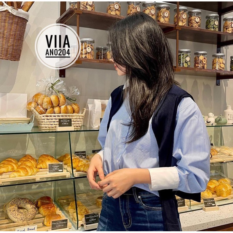 Sơ mi Kẻ xanh chất đẹp phối trắng AN0204 VIIA DESIGN