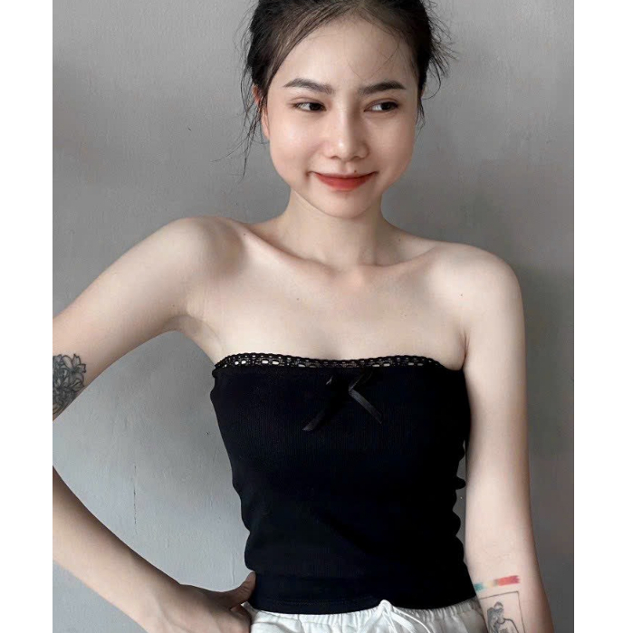 Áo Croptop Ống Quây Nơ Viền Ren