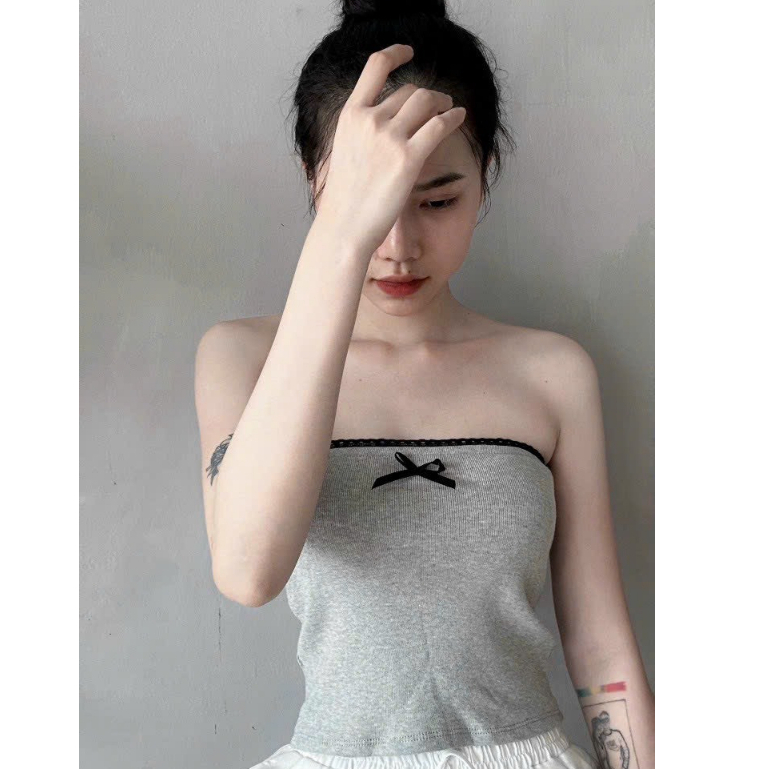 Áo Croptop Ống Quây Nơ Viền Ren