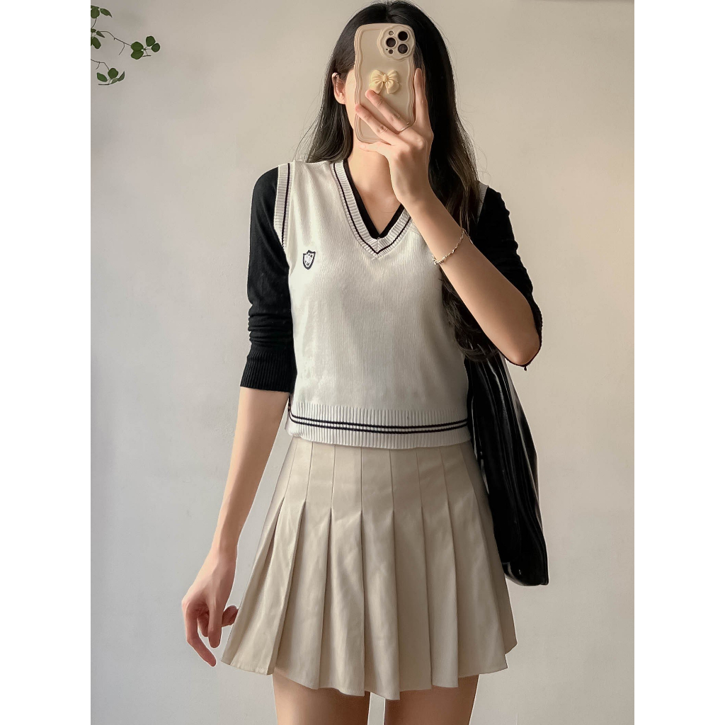 Áo gile len nữ phối kẻ chất len dày đẹp uniz GileA70/P6K12