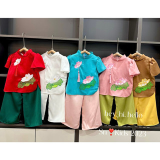 Bộ quần áo bà ba , sét bộ lụa hàn thêu hoa sen quần suông cho bé gái 10-35kg