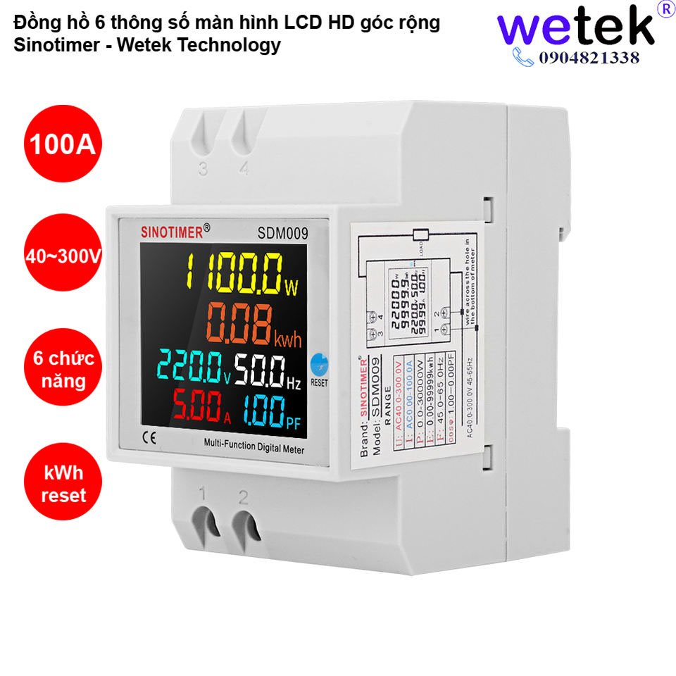 Đồng hồ SDM009 công tơ 6 thông số, cài ray, LCD góc rộng, 40~300V, 100A, hiện đồng thời kWh kW V A Hz PF Sinotimer