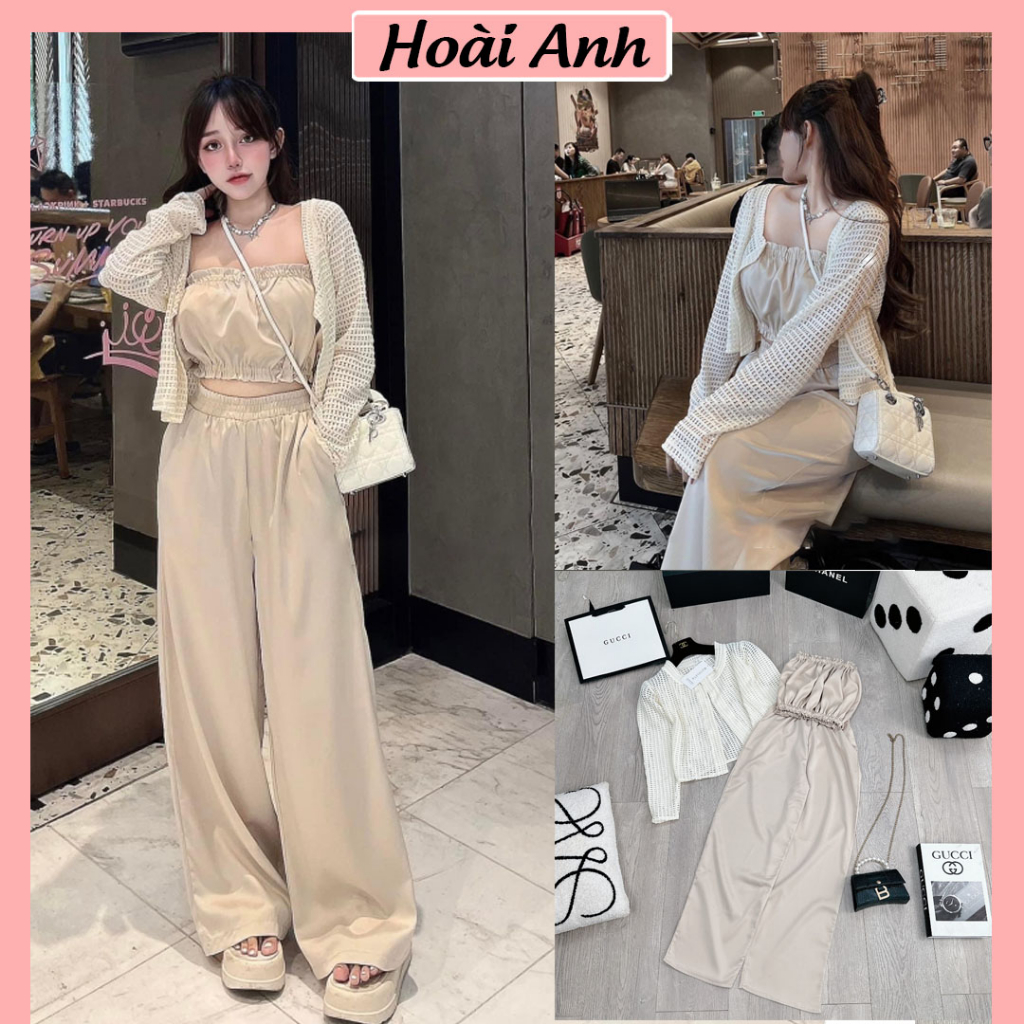 Set Bộ Đồ Nữ 3 Món Áo Quây Lụa Kèm Áo Khoác Cadigan Ren Lưới Mix Quần Suông Dài Ống Rộng Freesize