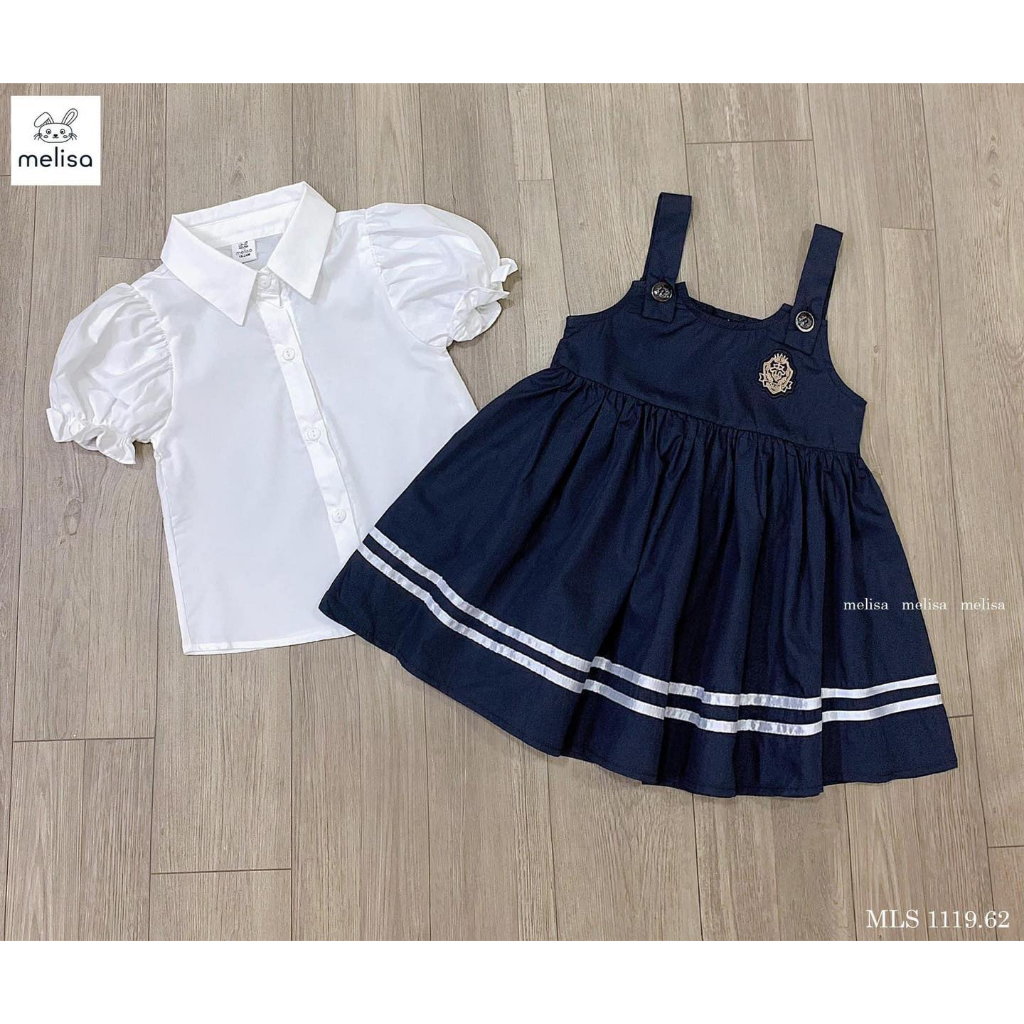 Set váy kèm yếm sơmi tay phồng bé gái