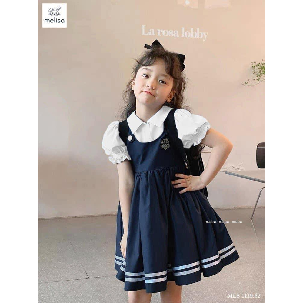 Set váy kèm yếm sơmi tay phồng bé gái