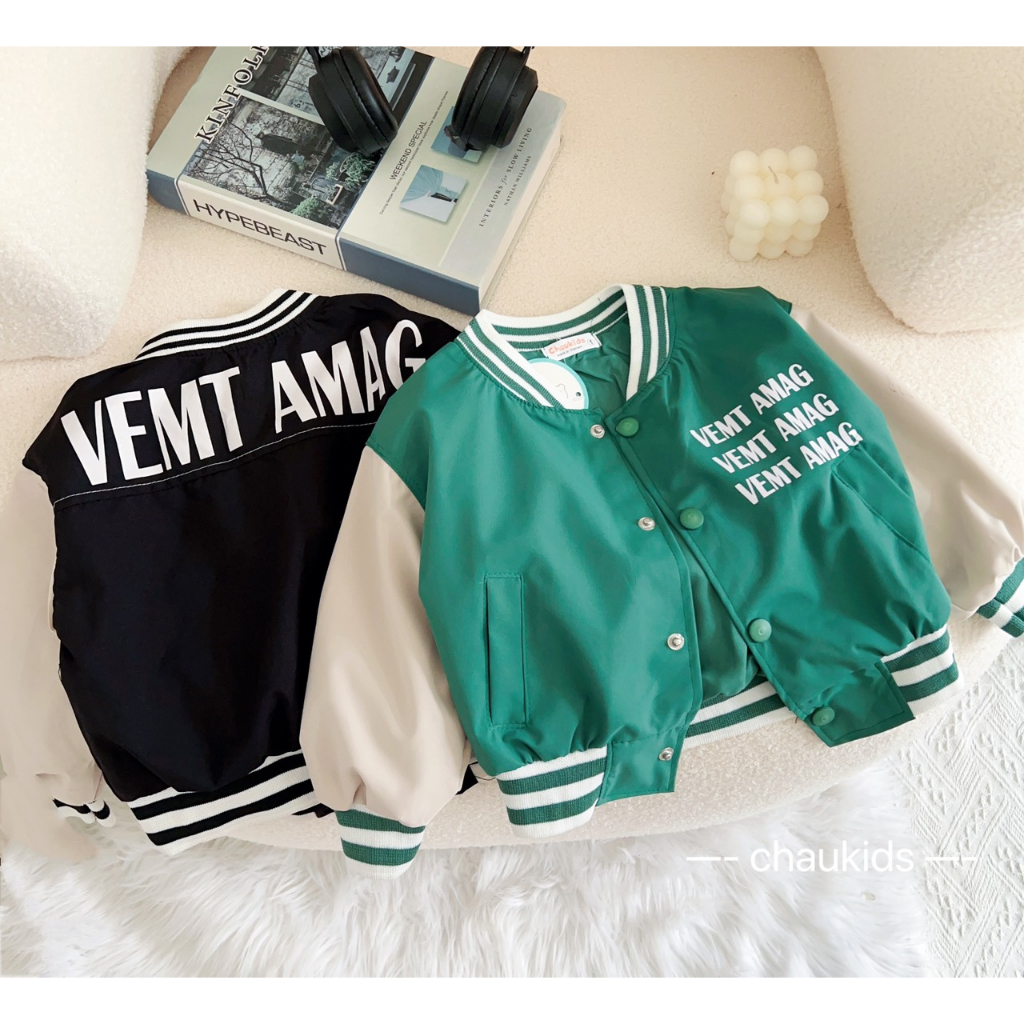 Áo khoác gió cho bé trai bé gái , Áo khoác bomber VEMT AMAG xanh đen sành điệu cho bé 10-30kg