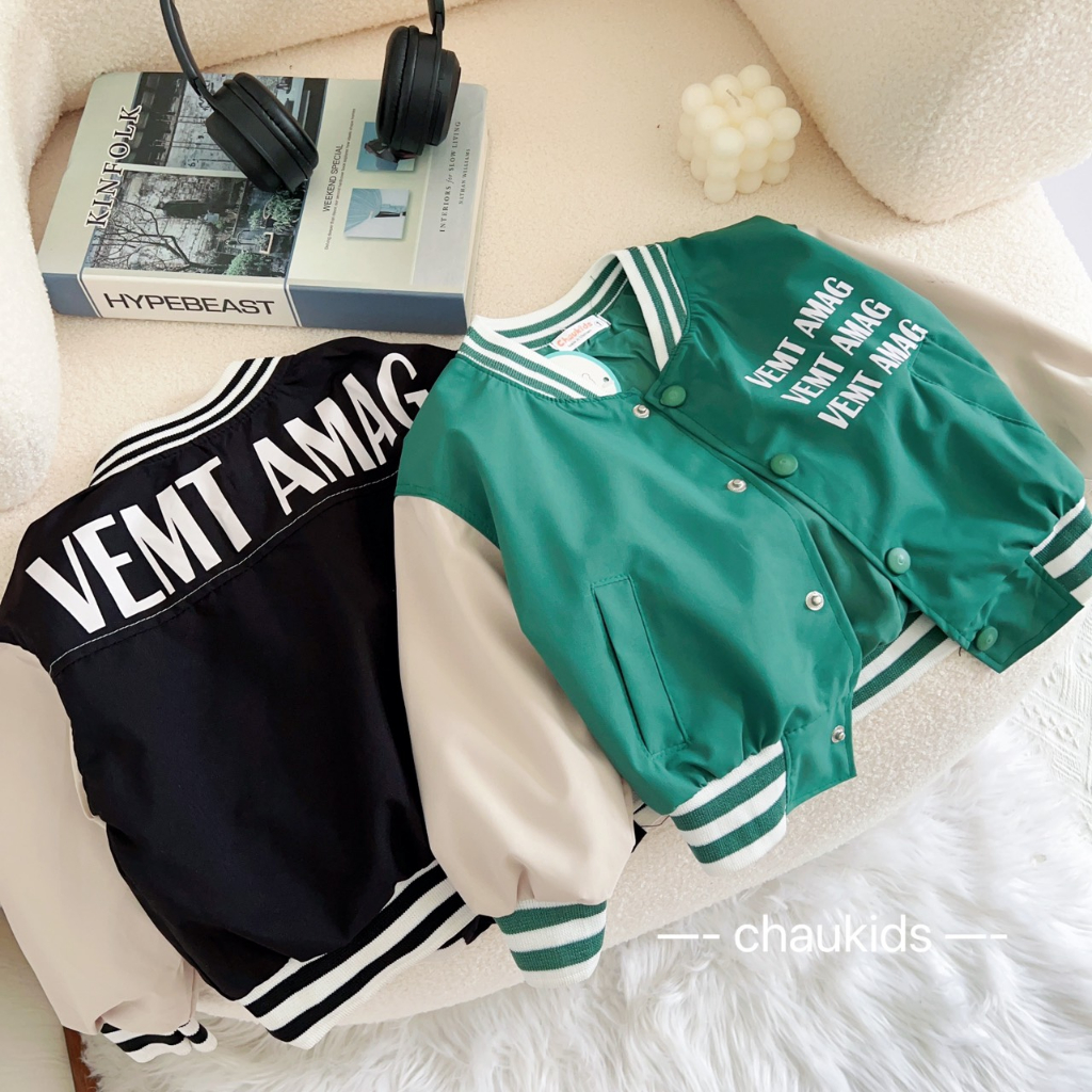 Áo khoác gió cho bé trai bé gái , Áo khoác bomber VEMT AMAG xanh đen sành điệu cho bé 10-30kg