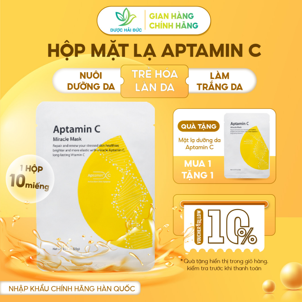 Mặt nạ Aptamin C Miracle Mask (Hộp/10 miếng) - Cấp ẩm và xoá mờ vết nhăn cho da trắng sáng, mịn màng