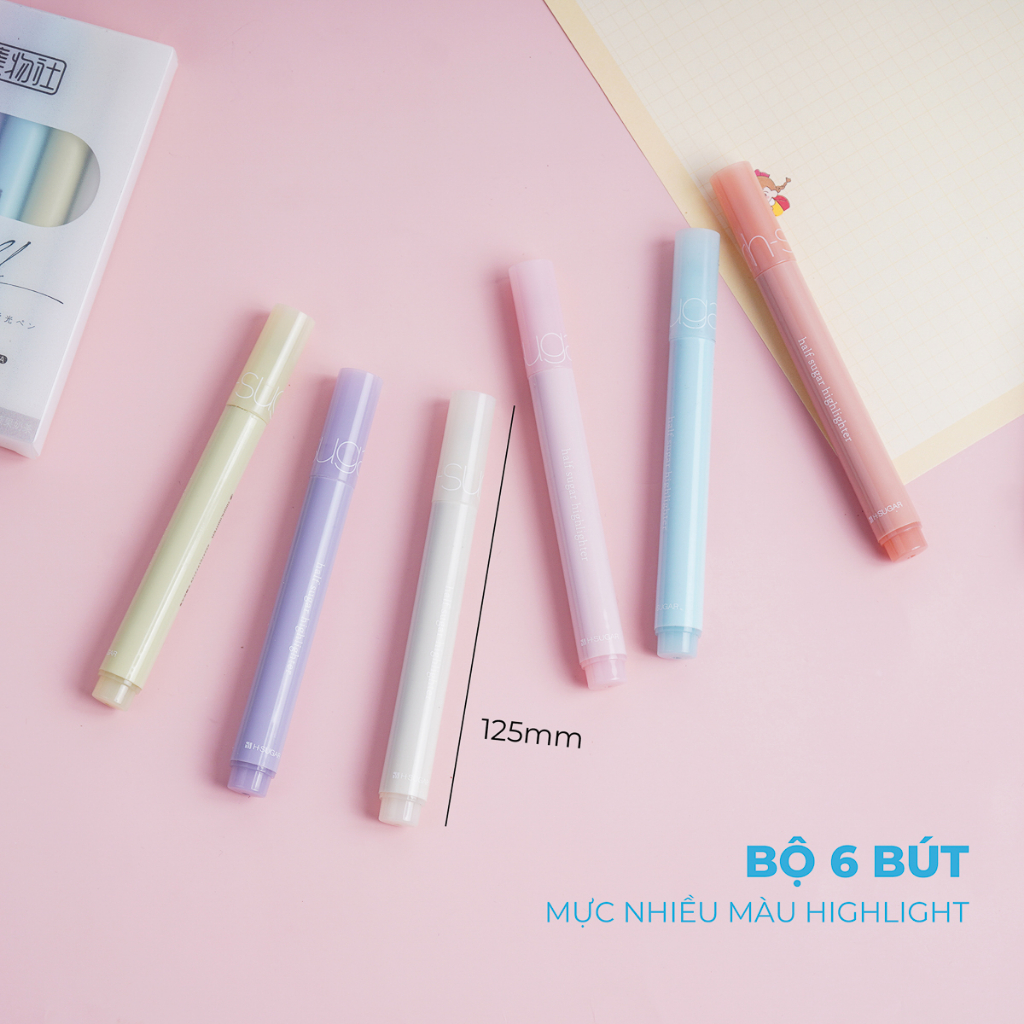 Set Bút Dạ Quang 6 Màu Highlight Pastel, Bút Đánh Dấu Nhớ Dòng Nhiều Màu Marker Dễ Thương HP7252