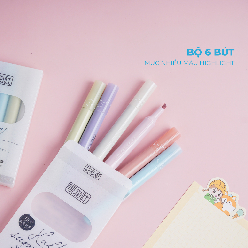 Set Bút Dạ Quang 6 Màu Highlight Pastel, Bút Đánh Dấu Nhớ Dòng Nhiều Màu Marker Dễ Thương HP7252
