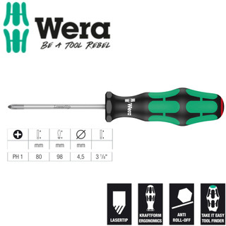 Tua vít 4 cạnh PH 1 Wera 05008710001 350 PH 1 x 80 mm với Lasertip mũi vít chống trượt vít