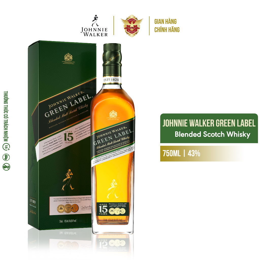 Rượu Johnnie Walker Green Label Blended Scotch Whisky 43% 750ml [Kèm Hộp] - Vị Khói Đậm Đà & Mạnh Mẽ