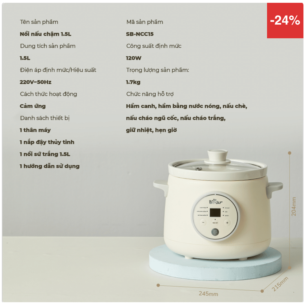 Nồi nấu chậm Bear 1.5L đa năng SB-NNC15 / NNC15 - Bảo hành chính nhãng 18 tháng