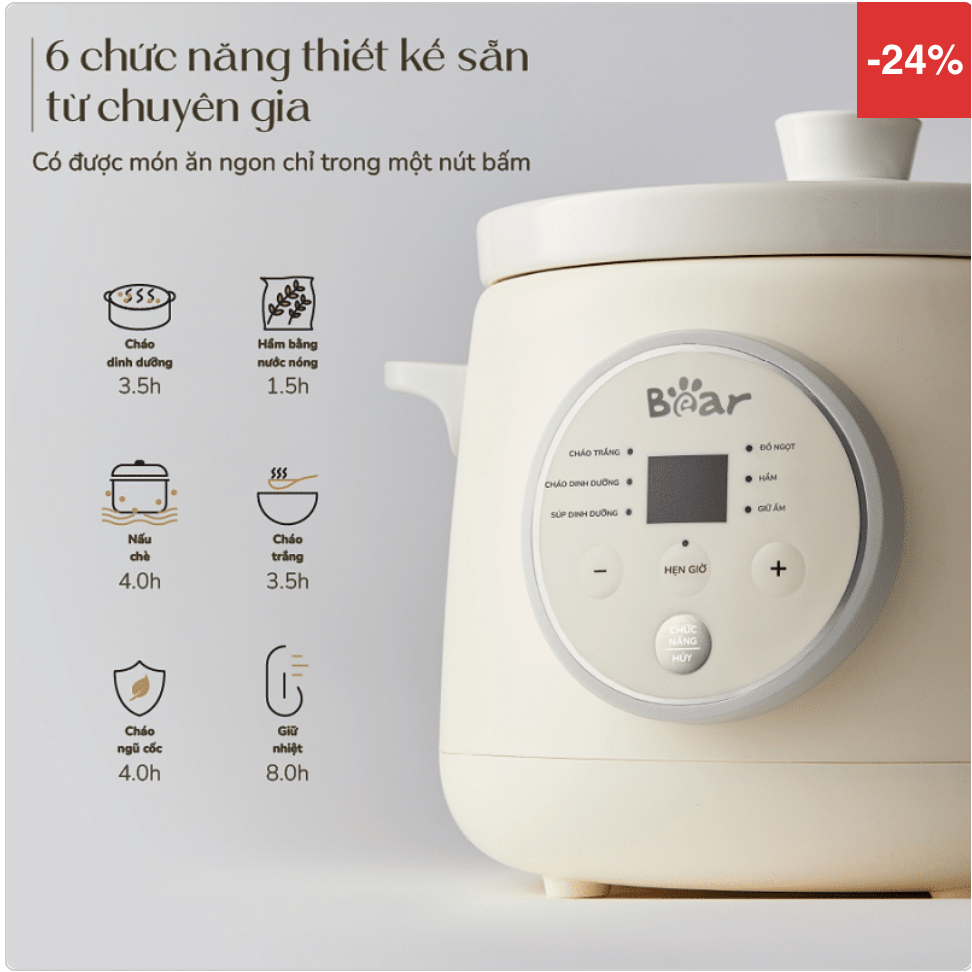 Nồi nấu chậm Bear 1.5L đa năng SB-NNC15 / NNC15 - Bảo hành chính nhãng 18 tháng