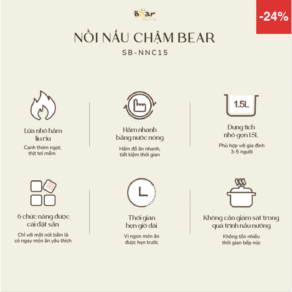 Nồi nấu chậm Bear 1.5L đa năng SB-NNC15 / NNC15 - Bảo hành chính nhãng 18 tháng