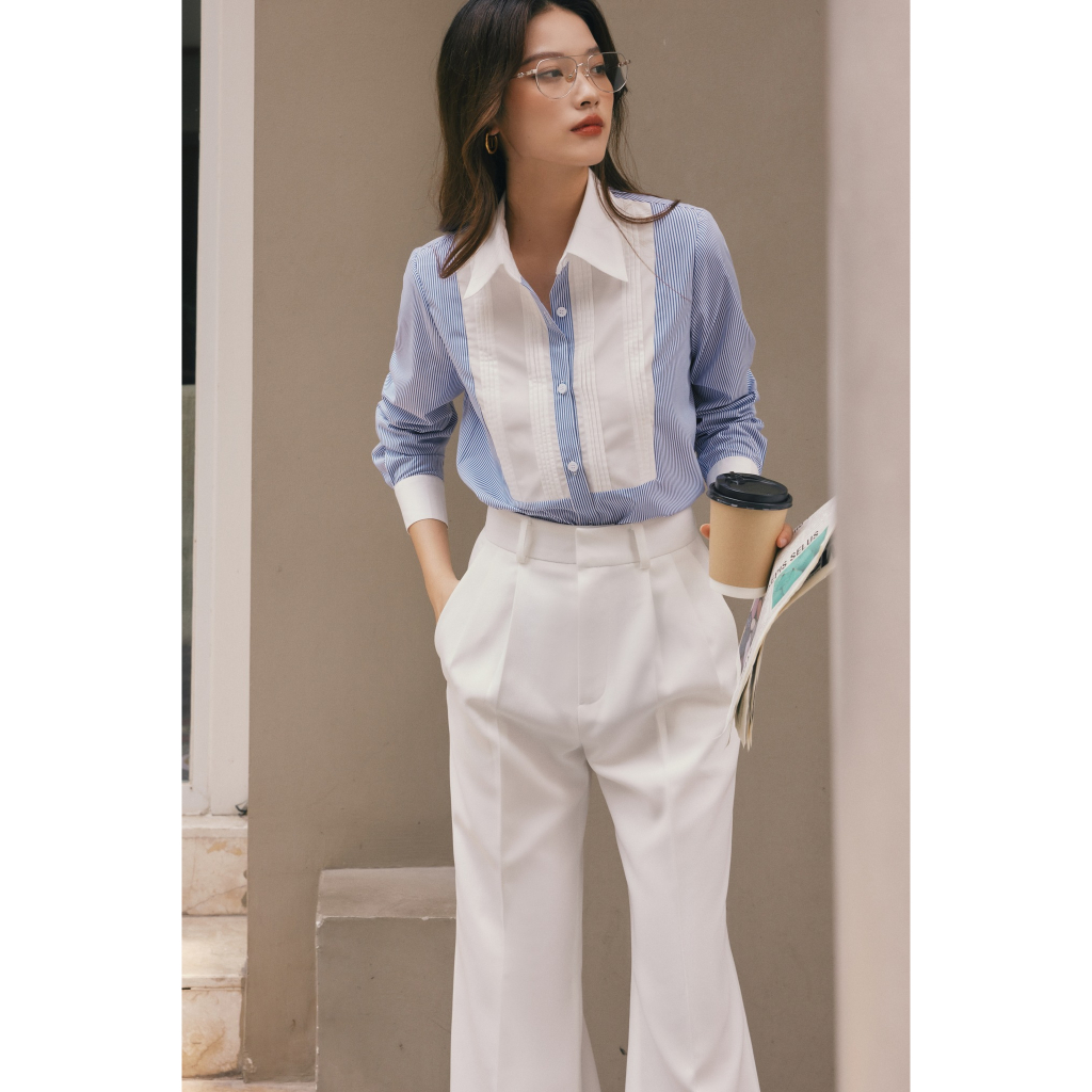 Áo sơ mi cotton kẻ xanh pha trắng HUONG BOUTIQUE BSSM26