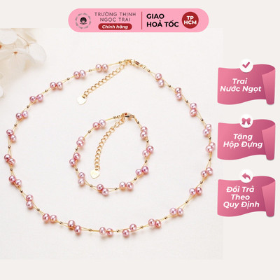 Bộ Dây Chuyền Ngọc Trai Mix Titan Mạ Vàng Hạt Hồng 5ly Kiểu Dáng Tinh Tế, Thời Trang - Ngọc Trai Trường Thịnh
