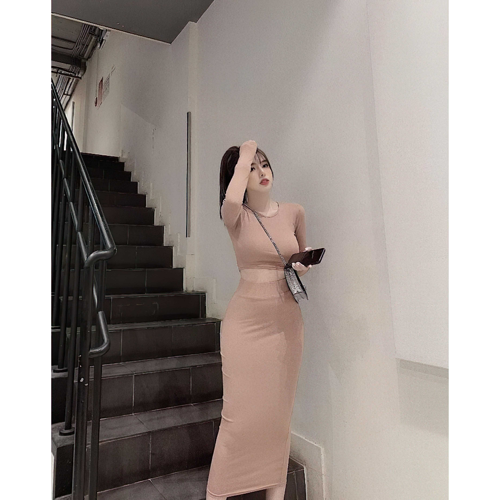 Set Đầm Ôm Body Áo Croptop và Chân Váy Dài, chất thun bozip co dãn thoải mái