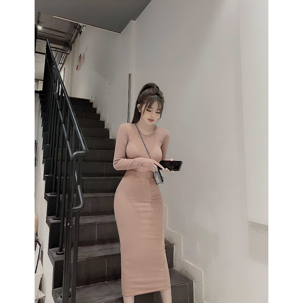 Set Đầm Ôm Body Áo Croptop và Chân Váy Dài, chất thun bozip co dãn thoải mái