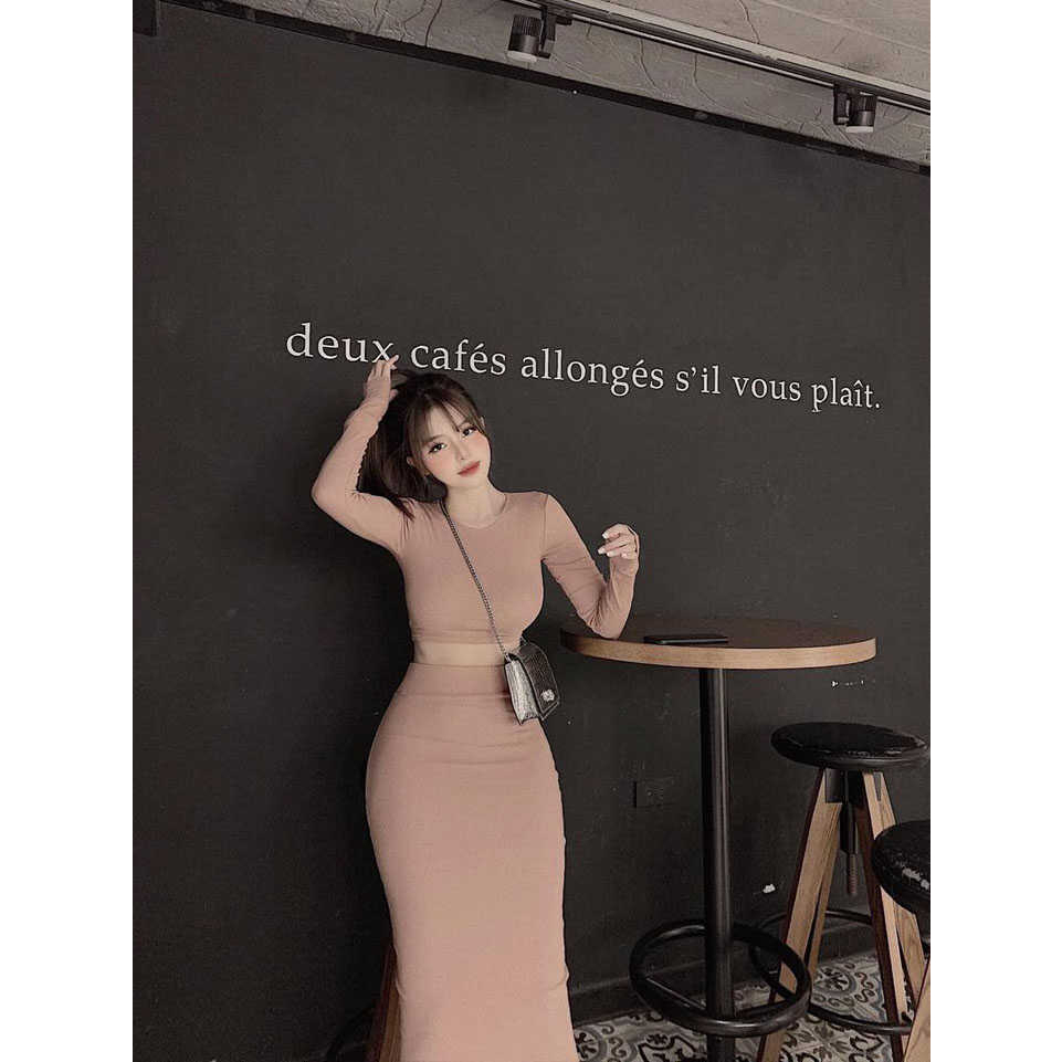 Set Đầm Ôm Body Áo Croptop và Chân Váy Dài, chất thun bozip co dãn thoải mái
