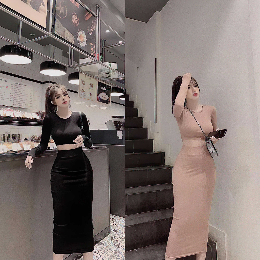 Set Đầm Ôm Body Áo Croptop và Chân Váy Dài, chất thun bozip co dãn thoải mái