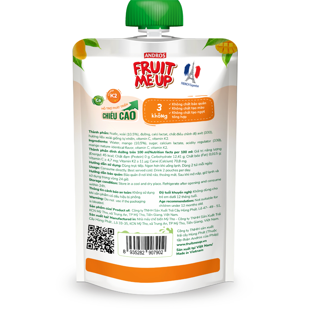 Thùng 20 Túi Nước Xoài Dinh Dưỡng - Hỗ trợ bé tăng chiều cao - ANDROS FRUIT ME UP - 150ml x 20