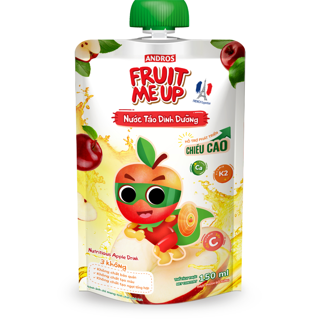 Thùng 20 Túi Nước Táo Dinh Dưỡng - Hỗ trợ bé tăng chiều cao - ANDROS FRUIT ME UP - 150ml x 20