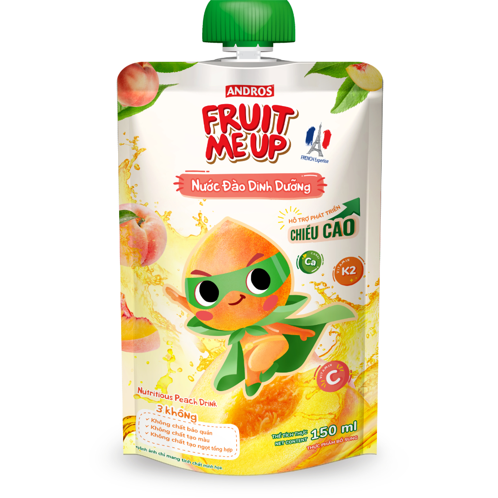 Thùng 20 Túi Nước Đào Dinh Dưỡng - Hỗ trợ bé tăng chiều cao - ANDROS FRUIT ME UP - 150ml x 20