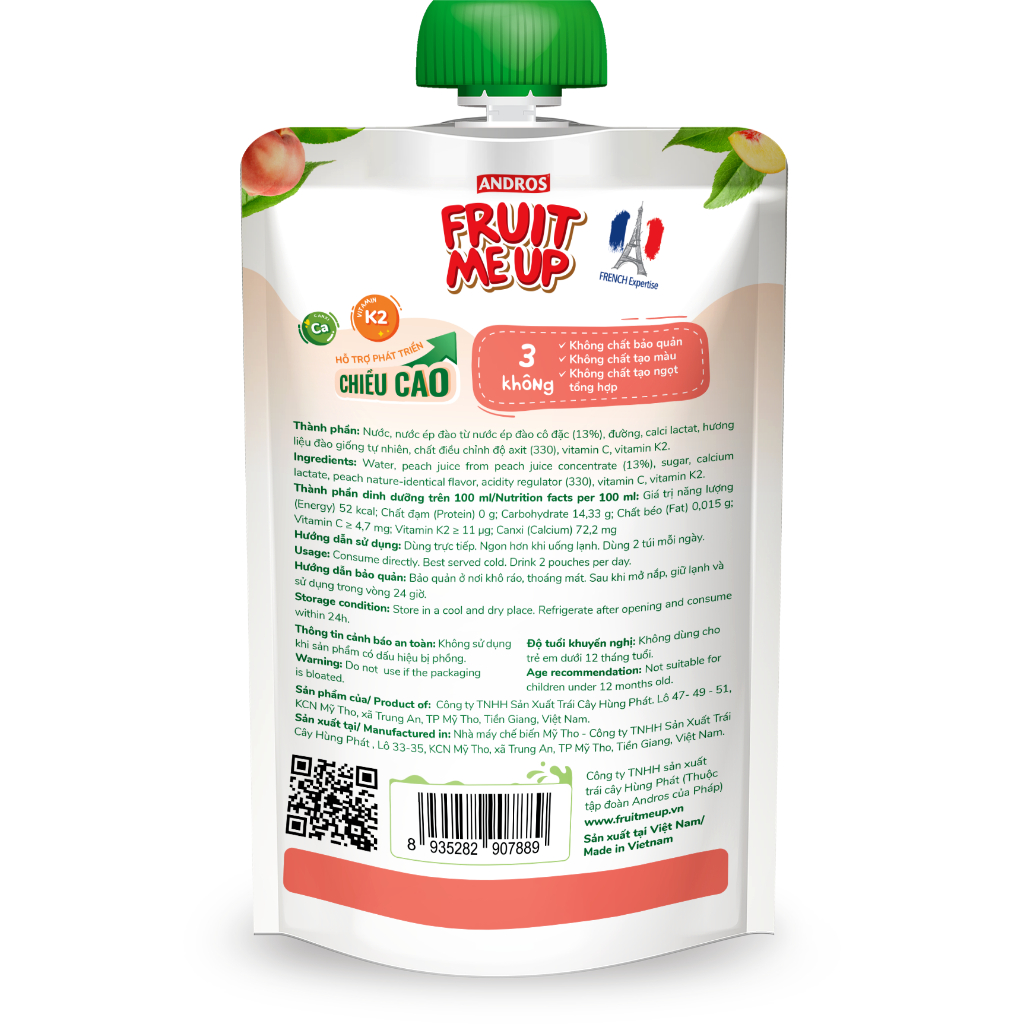 Thùng 20 Túi Nước Đào Dinh Dưỡng - Hỗ trợ bé tăng chiều cao - ANDROS FRUIT ME UP - 150ml x 20