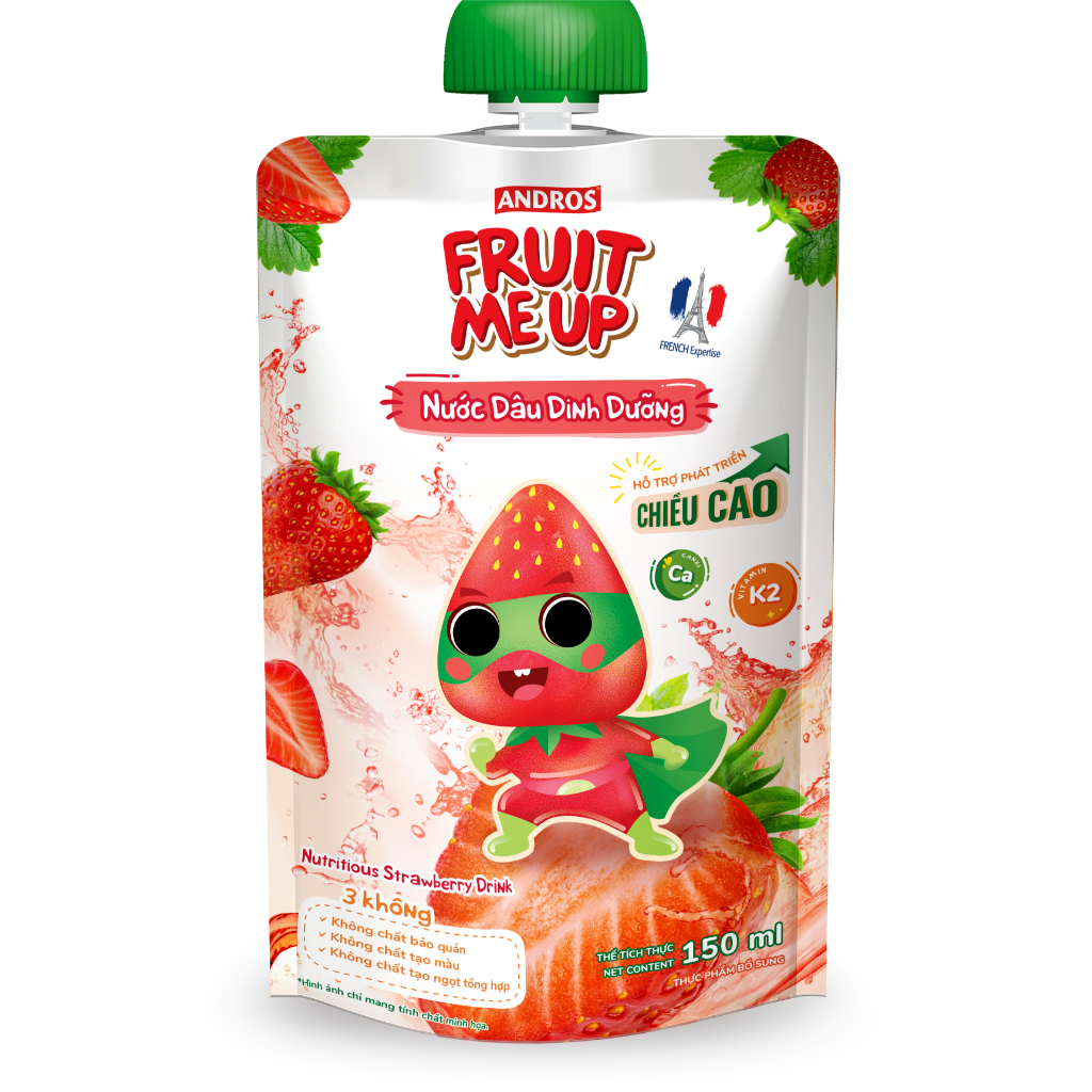 Thùng 20 Túi Nước Dâu Dinh Dưỡng - Hỗ trợ bé tăng chiều cao - ANDROS FRUIT ME UP - 150ml x 20