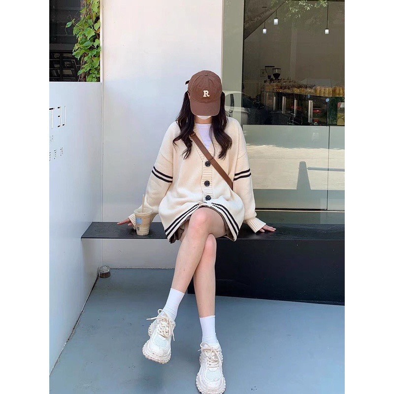 Áo khoác len cardigan màu be viền sọc ngang siêu xinh CDGlenvachtay9916 P7K1
