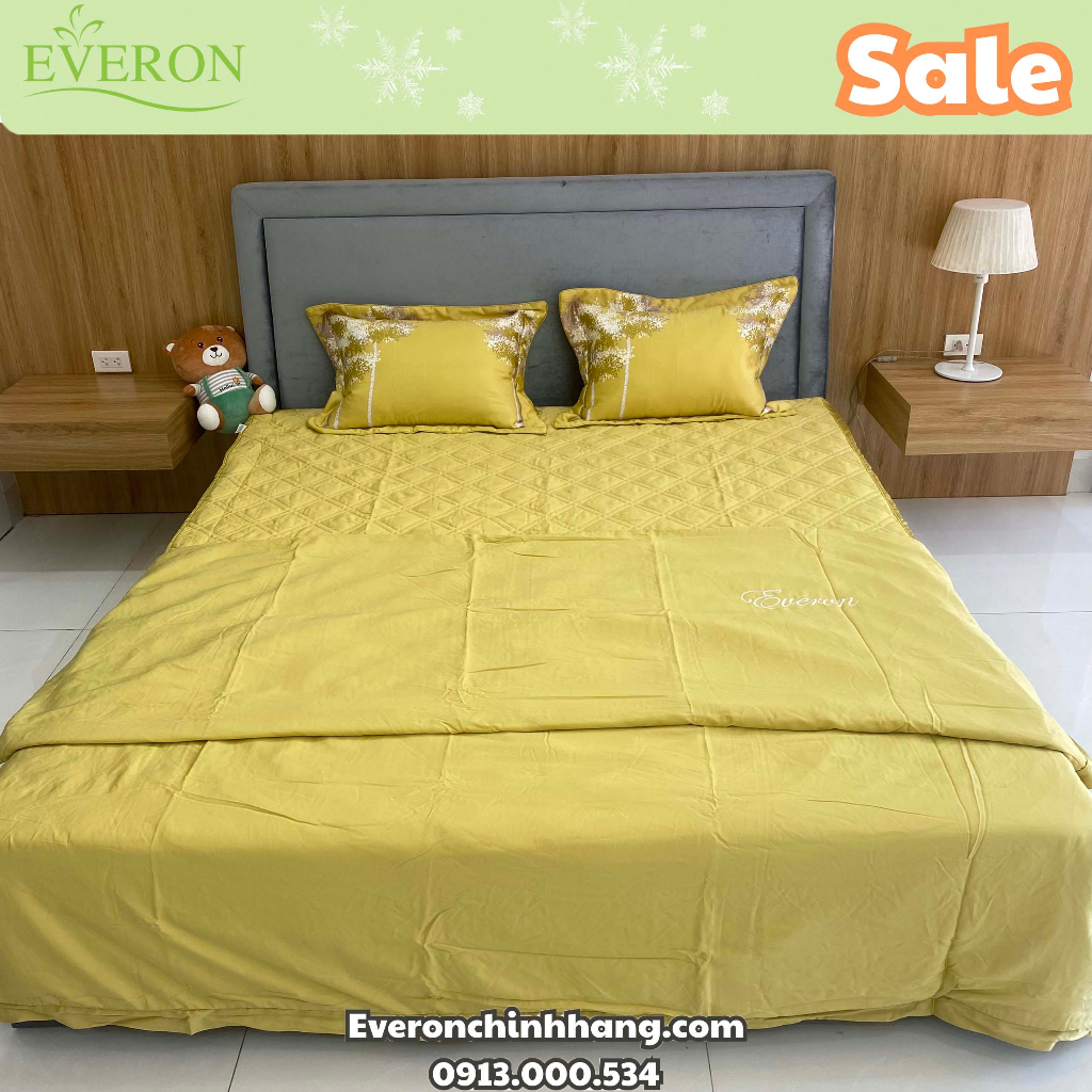 Giảm giá Bộ drap ga chun chần Everon chính hãng màu vàng chất 100% Tencel cao cấp mềm mát mịn EPT 20045