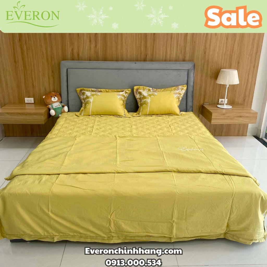 Giảm giá Bộ drap ga chun chần Everon chính hãng màu vàng chất 100% Tencel cao cấp mềm mát mịn EPT 20045