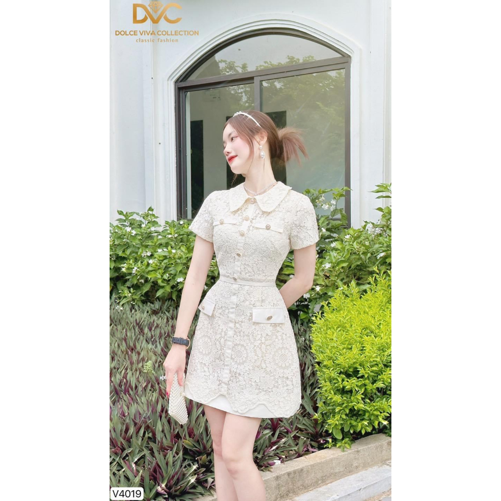V4019 Váy đầm ren kem cổ sen dáng A  váy ren hoa kem công sở