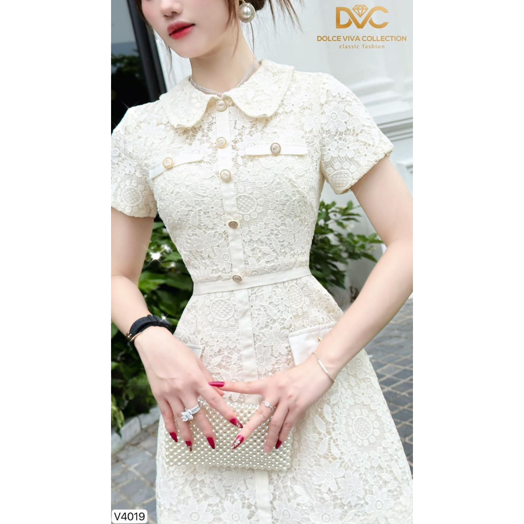V4019 Váy đầm ren kem cổ sen dáng A  váy ren hoa kem công sở