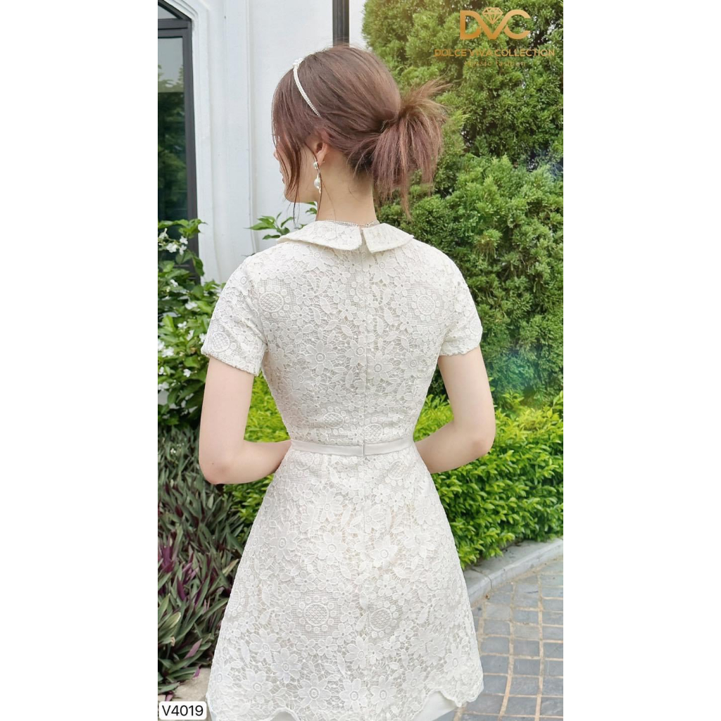 V4019 Váy đầm ren kem cổ sen dáng A  váy ren hoa kem công sở