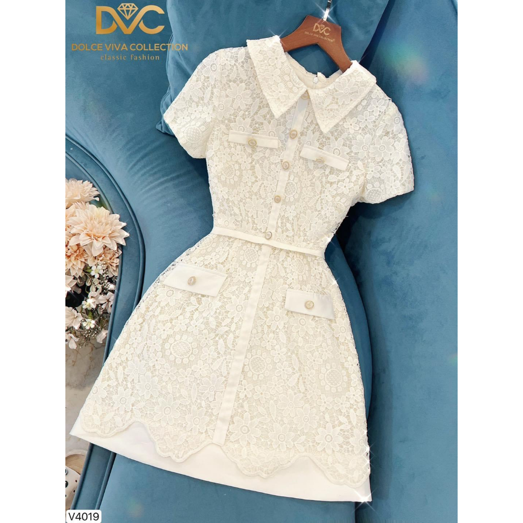V4019 Váy đầm ren kem cổ sen dáng A  váy ren hoa kem công sở