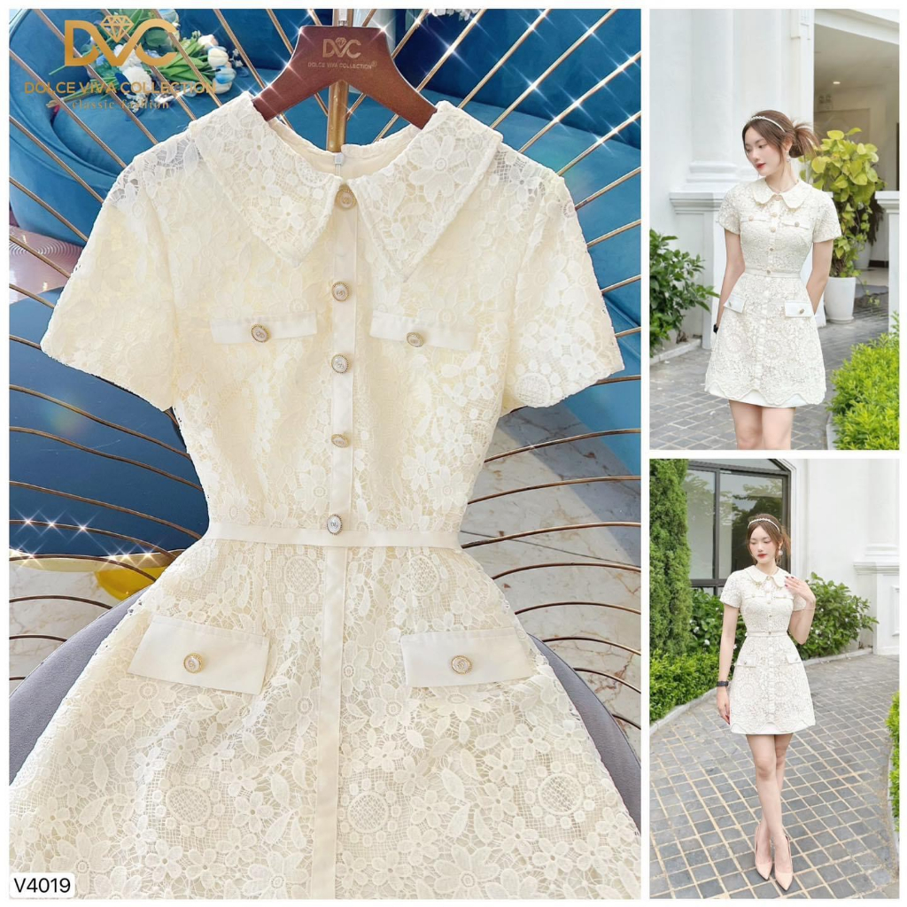 V4019 Váy đầm ren kem cổ sen dáng A  váy ren hoa kem công sở