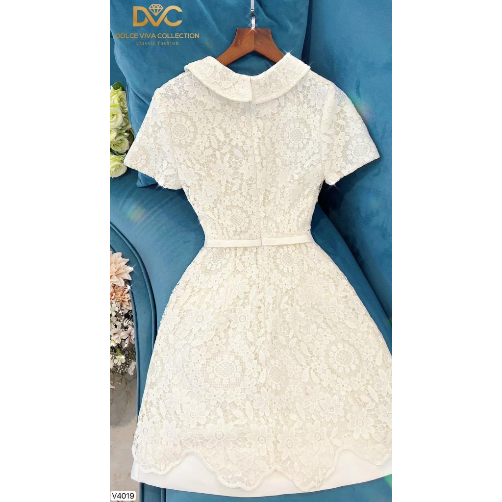 V4019 Váy đầm ren kem cổ sen dáng A  váy ren hoa kem công sở
