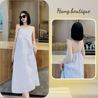  Đầm maxi sọc xanh cổ yếm hở lưng Váy yếm sọc xanh cotton mềm dáng dài dạo biển 