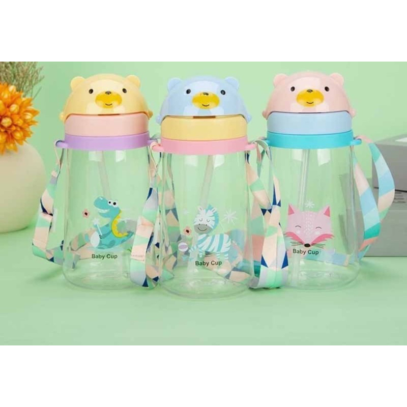 Bình nước ống hút trẻ em 450ml, bình cho bé hình sương miện dễ thương có dây đeo tiện lợi an toàn