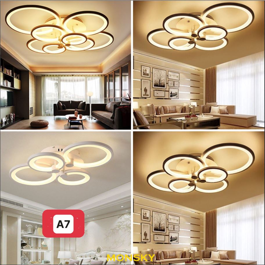 Đèn ốp trần MONSKY thạch cao trang trí 4 vòng 3 chế độ ánh sáng có điều khiển từ xa tiện lợi