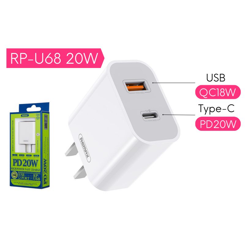 Sạc nhanh REMAX RP-U68 PD20W + QC18W sạc đầy 50% pin chỉ trong 30 phút cho 8 plus trở lên