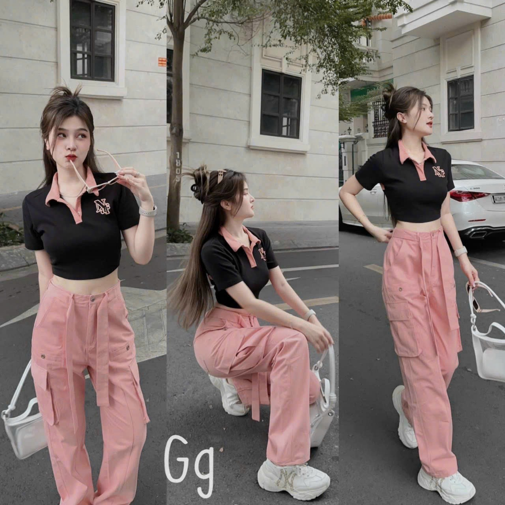 Sét đồ nữ áo gân cổ sơ mi sang chảnh mix quần dài ống rộng túi hộp tôn dáng trẻ trung cá tính đi chơi