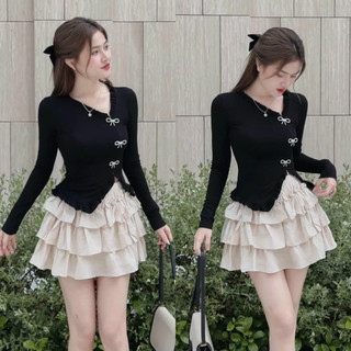  Sét đồ nữ áo tăm gân tay dài ( kèm phụ kiện ) mix chân váy xòe tầng tôn dáng trẻ trung năng động