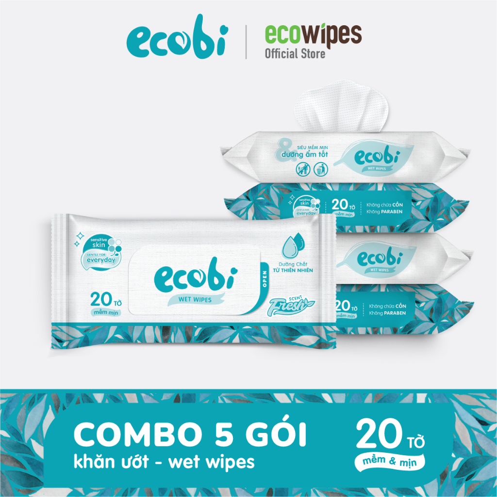 Combo 05 gói khăn ướt cho bé Ecobi gói 20 tờ không mùi an toàn cho làn da nhạy cảm của bé