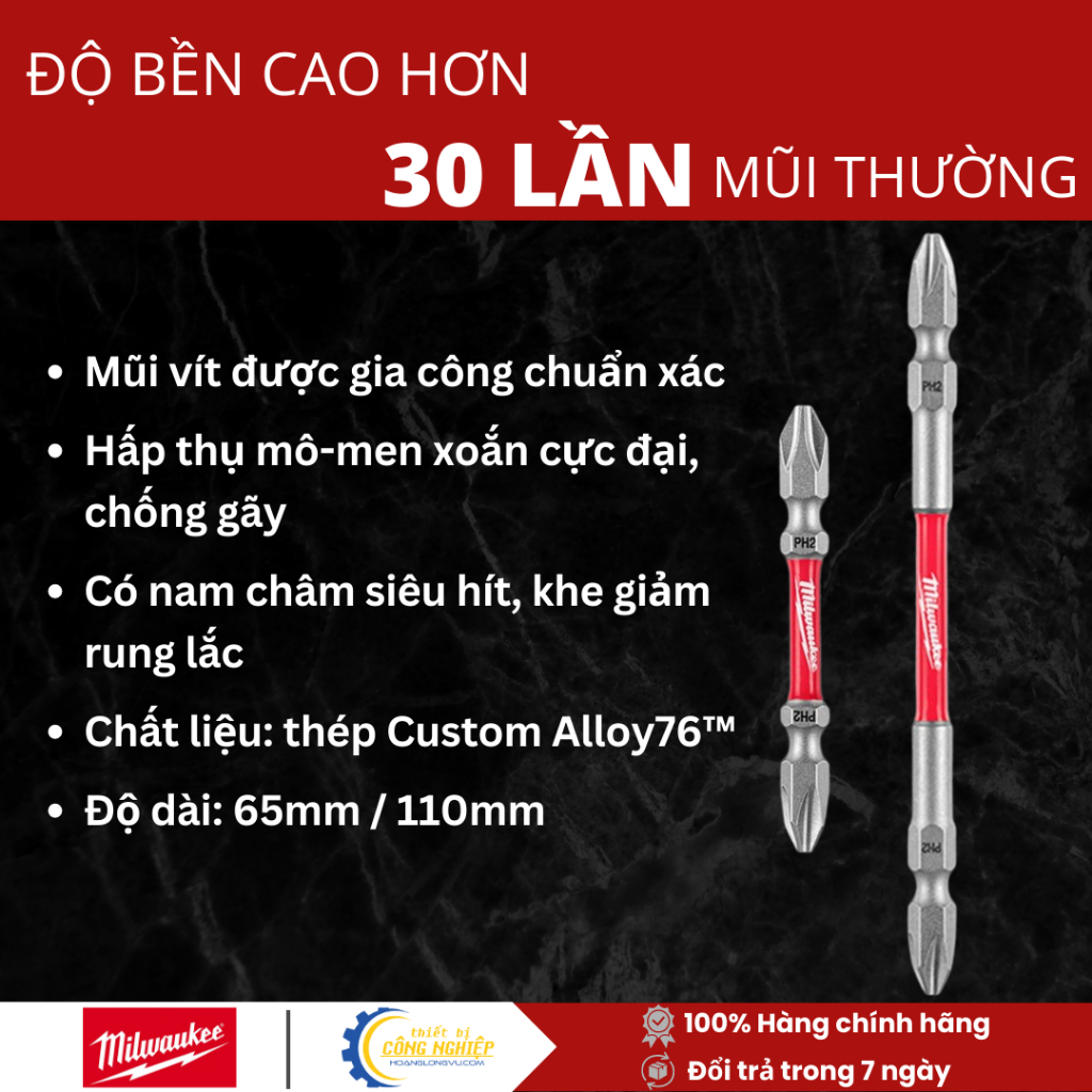 Đầu vặn vít PH2 65mm 110mm. Mũi bắn vít Mỹ Milwaukee siêu bền PH2, mũi bắt vít 2 đầu 4 cạnh bake nam châm từ siêu cứng