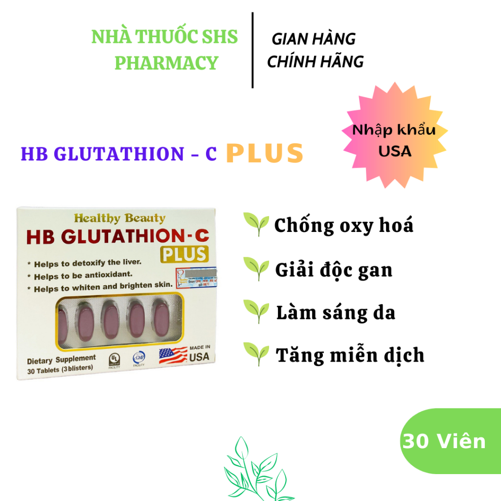 Viên uống chống oxy hóa da và thải độc gan HB GLUTATHION C - PLUS hộp 30 viên