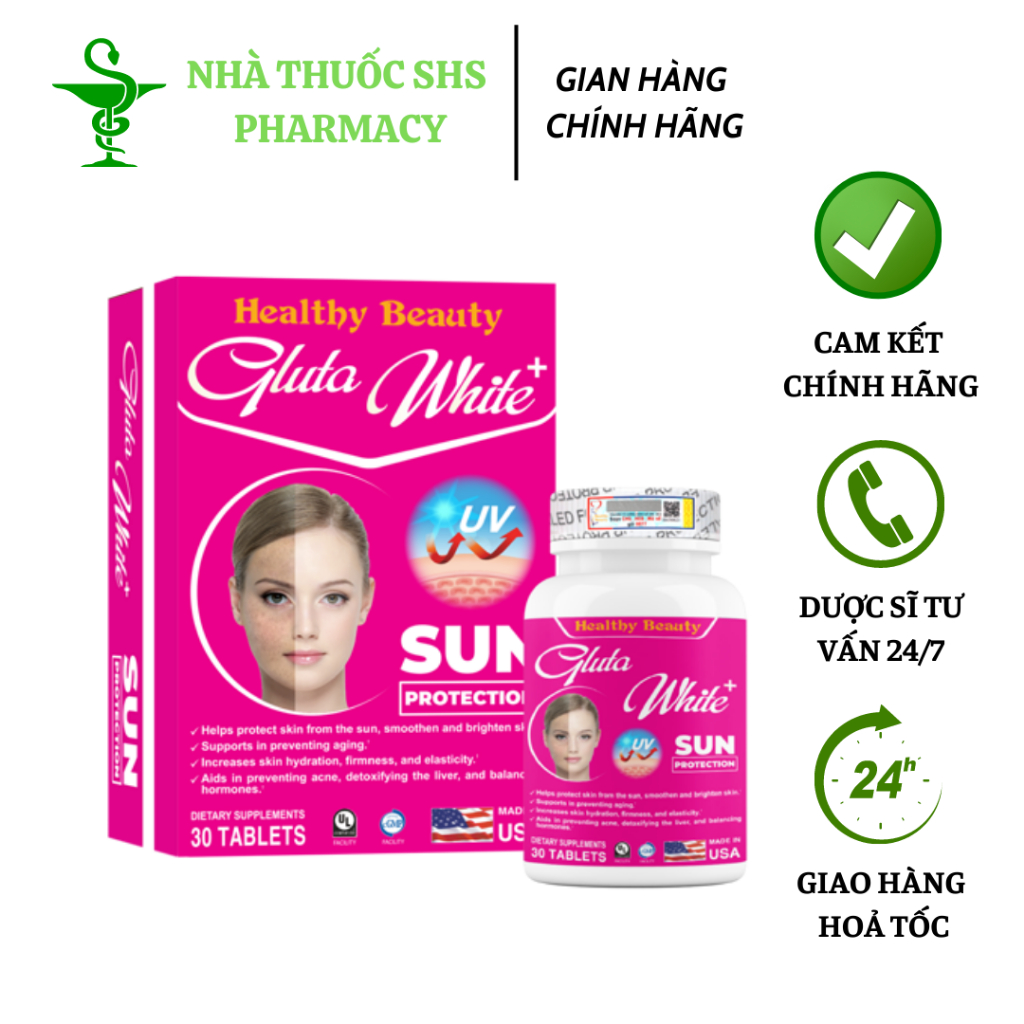 Viên Uống Giúp Chống Nắng Trắng Da Mờ Nám HB GLUTA WHITE + Hộp 30 viên