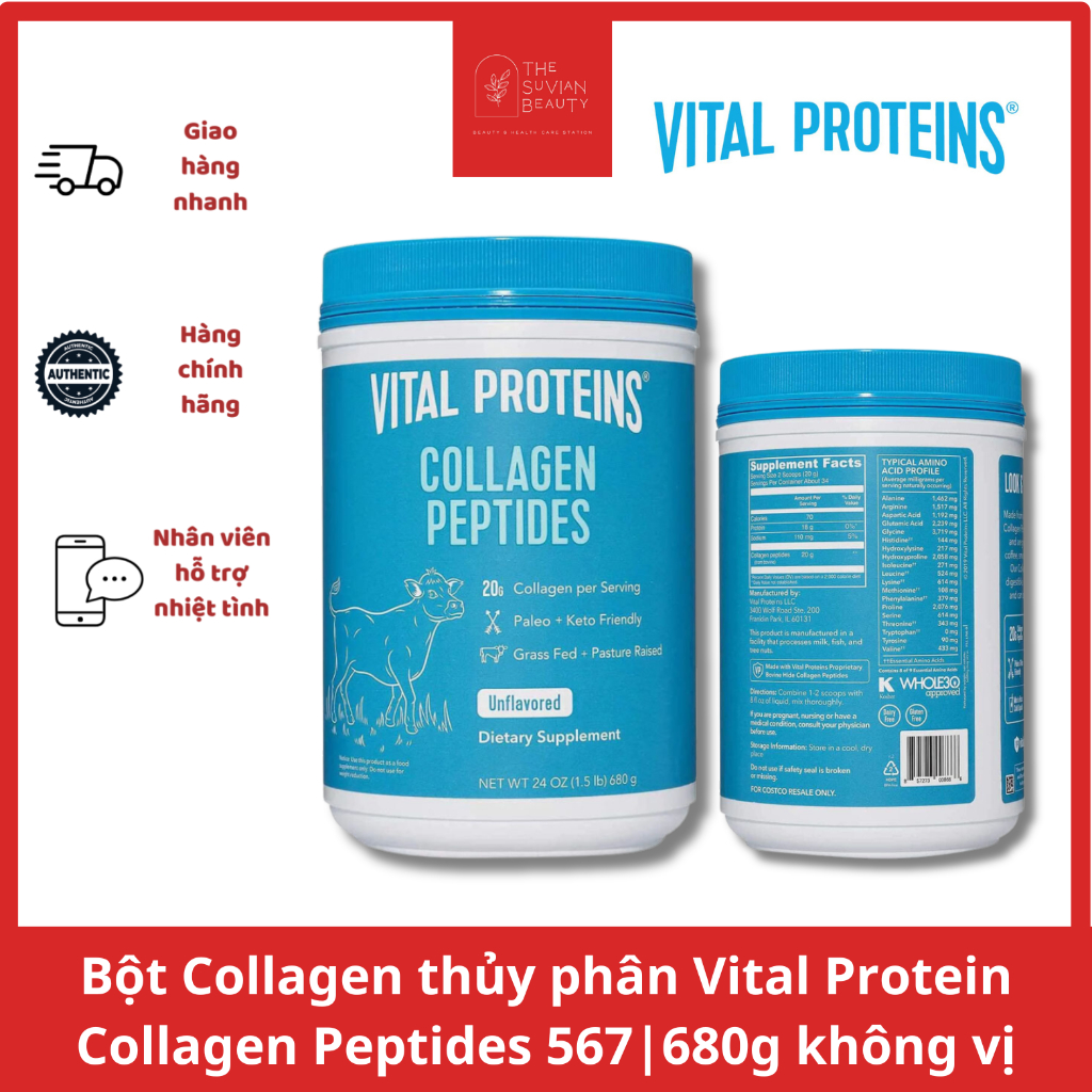 Bột Collagen thủy phân Vital Protein Collagen Peptides không vị (Hyaluronic Acid + Vitamin C)